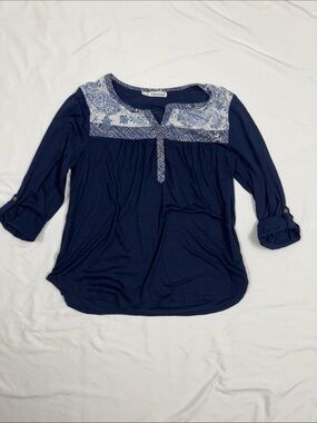 Maurices Navy Blue Henley Yoke Top with Printed Accent
